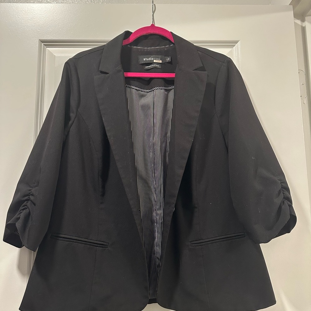 Torrid Black Blazer with Ruched Sleeves and Notched Lapels